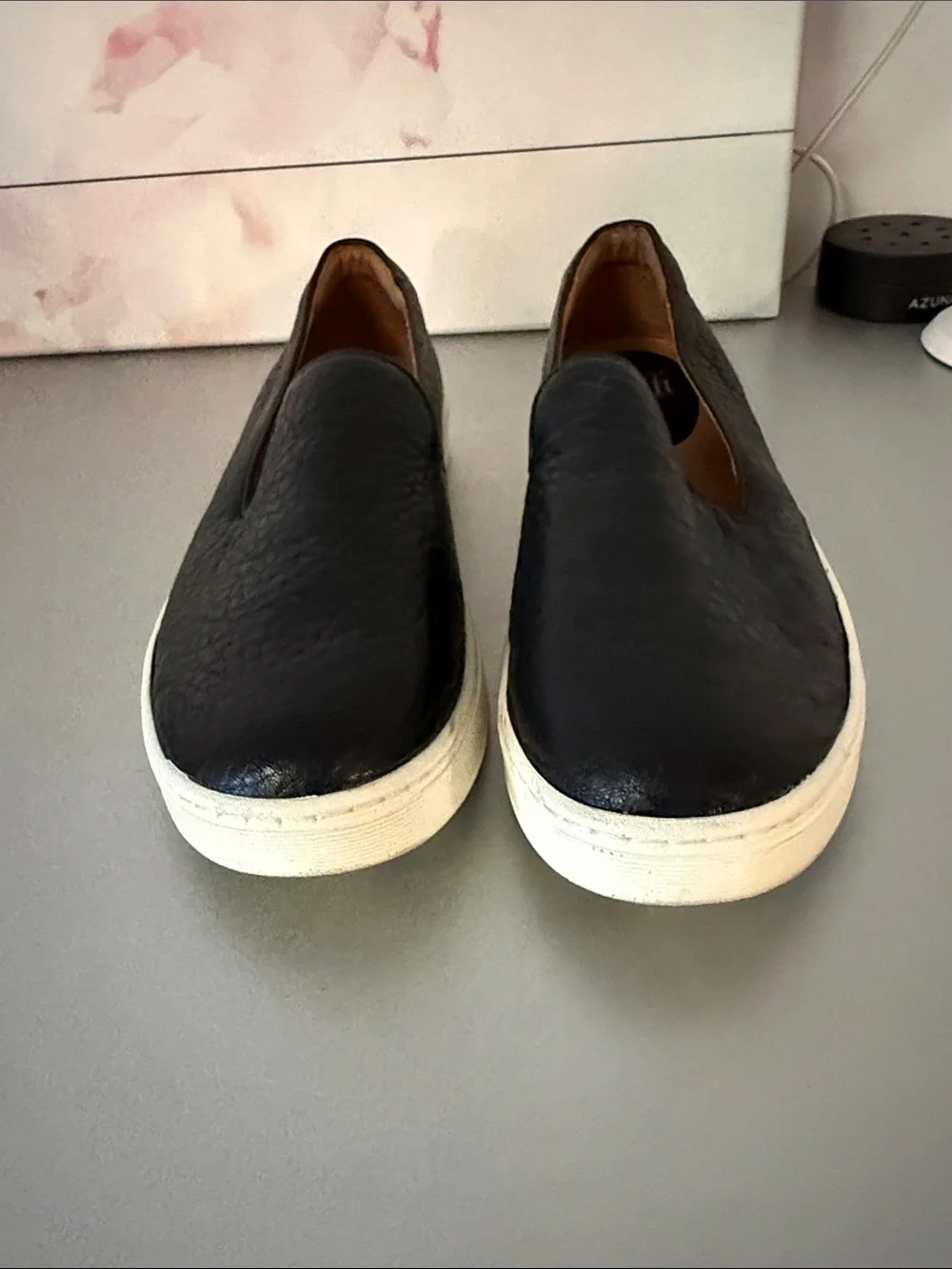Sofft Black Textured Leather Slip-On Sneakers with White Sole Size 9